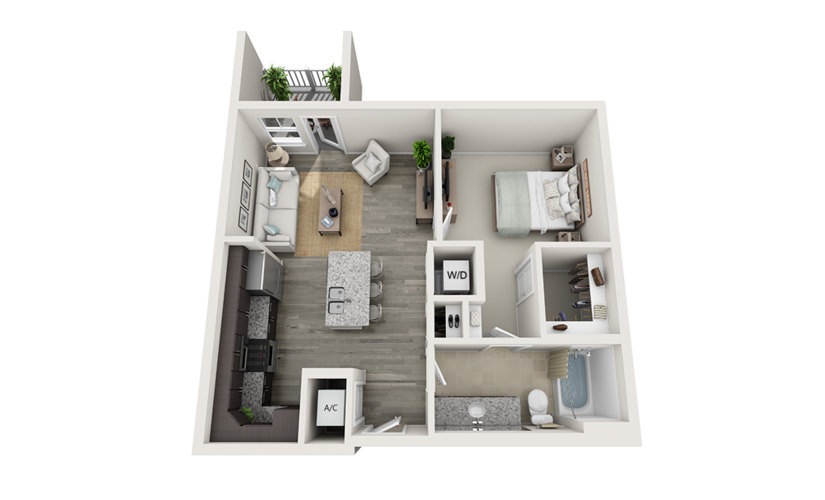 The Folly - 1 bedroom floorplan layout with 1 bathroom and 713 square feet